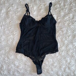 La Perla Black Lace Bodysuit sheer middle push-up bra cups, stitched silk lace S
